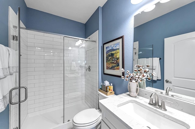 bathroom with a shower stall, vanity, and toilet