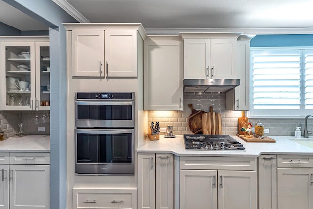 kitchen with tasteful backsplash, ornamental molding, white cabinetry, under cabinet range hood, and appliances with stainless steel finishes