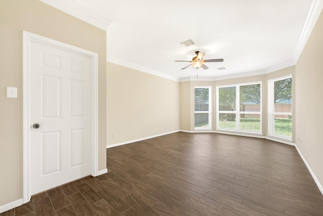 unfurnished room featuring visible vents, baseboards, ornamental molding, ceiling fan, and dark wood finished floors