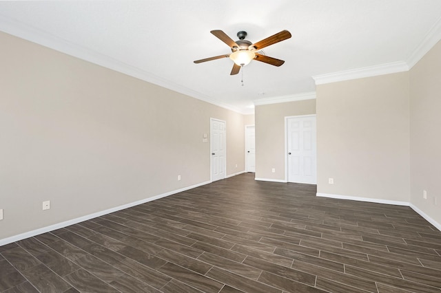 spare room featuring dark wood-style floors, baseboards, a ceiling fan, and crown molding