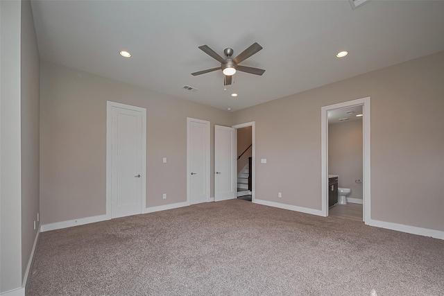 1305 Laird St, Houston, TX 77008 - unfurnished bedroom featuring carpet flooring, recessed lighting, baseboards, connected bathroom, and ceiling fan