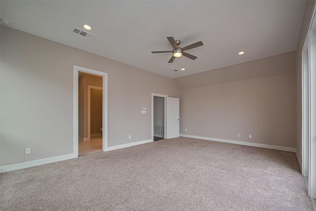 1305 Laird St, Houston, TX 77008 - unfurnished bedroom featuring light colored carpet, baseboards, recessed lighting, a ceiling fan, and vaulted ceiling