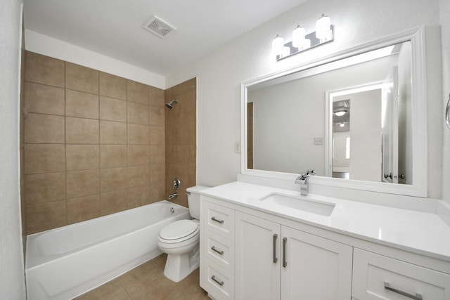 bathroom featuring vanity, bathing tub / shower combination, tile patterned flooring, toilet, and visible vents