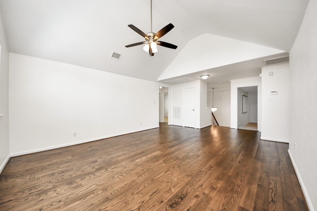 unfurnished living room with high vaulted ceiling, ceiling fan, dark wood-type flooring, visible vents, and baseboards