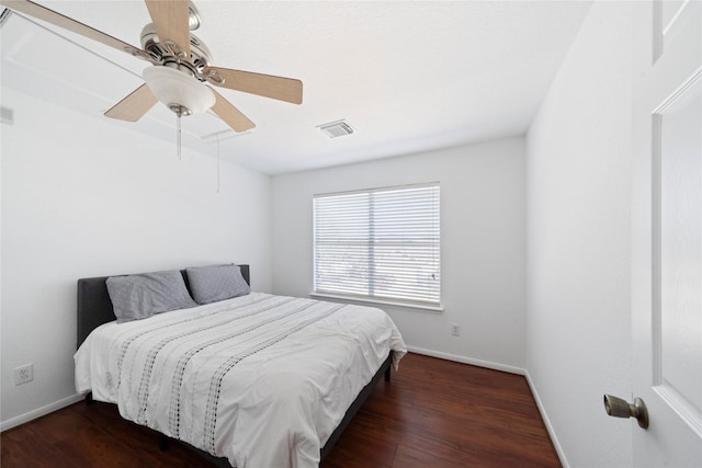 21355 Bella Mountain Dr, Spring, TX 77379 - bedroom with ceiling fan, visible vents, baseboards, and wood finished floors