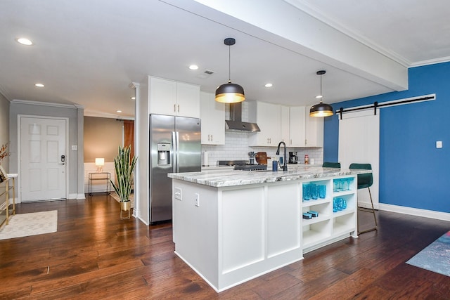 5902 Hummingbird St, Houston, TX 77096 - kitchen with stainless steel fridge with ice dispenser, ornamental molding, decorative backsplash, wall chimney exhaust hood, and white cabinets
