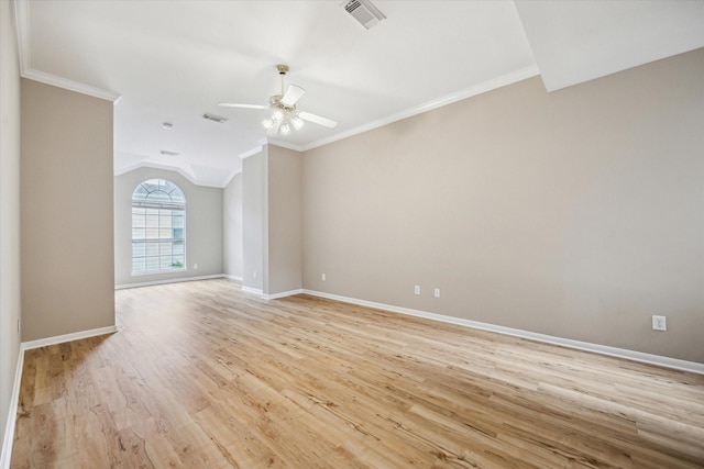 4422 Castle Court Pl, Houston, TX 77006 - unfurnished room featuring crown molding, a ceiling fan, light wood-type flooring, and lofted ceiling