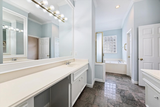 4422 Castle Court Pl, Houston, TX 77006 - full bathroom featuring vanity, a garden tub, stone tile floors, crown molding, and recessed lighting