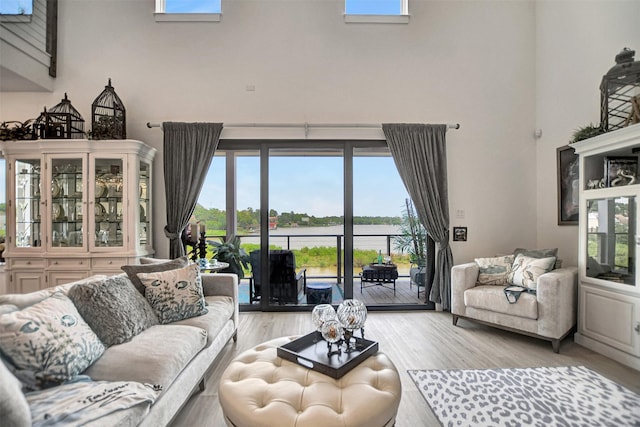 25 Cmdr Runco Ln, Taylor Lake Village, TX 77586 - living area with a towering ceiling, light wood finished floors, and a water view