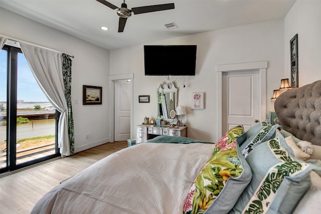 bedroom featuring light wood-type flooring, baseboards, recessed lighting, visible vents, and access to exterior