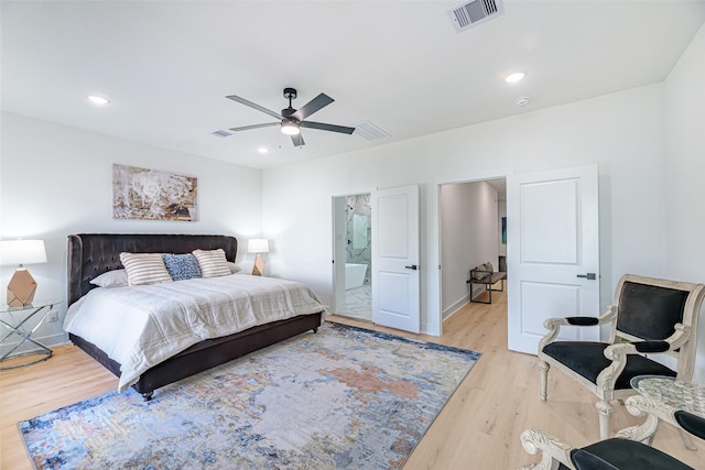 8132 Brandon St, Houston, TX 77051 - bedroom featuring recessed lighting, ensuite bath, light wood-style flooring, a ceiling fan, and visible vents
