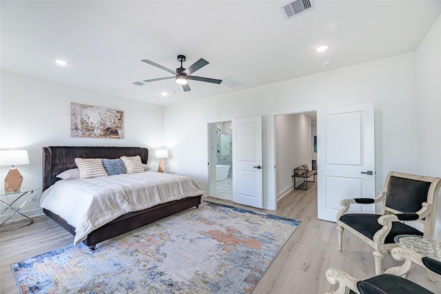 8132 Brandon St, Houston, TX 77051 - bedroom featuring recessed lighting, connected bathroom, visible vents, ceiling fan, and light wood finished floors