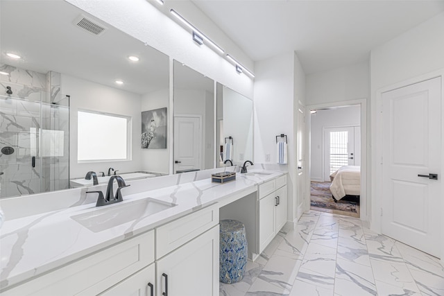 8132 Brandon St, Houston, TX 77051 - full bath featuring double vanity, recessed lighting, a marble finish shower, visible vents, and a sink