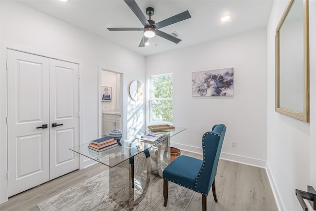 8132 Brandon St, Houston, TX 77051 - office featuring light wood-type flooring, baseboards, a ceiling fan, and recessed lighting
