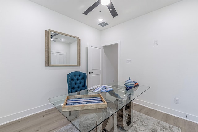 8132 Brandon St, Houston, TX 77051 - office area with ceiling fan, visible vents, recessed lighting, wood finished floors, and baseboards