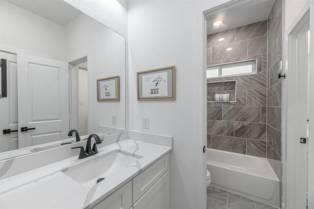 8132 Brandon St, Houston, TX 77051 - bathroom with shower / bathtub combination, vanity, toilet, marble finish floor, and a textured wall