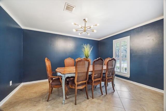 dining room featuring tile patterned floors, visible vents, ornamental molding, baseboards, and a chandelier