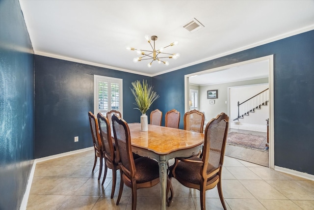 dining area with ornamental molding, visible vents, a chandelier, light tile patterned flooring, and stairs