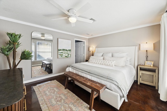 bedroom featuring visible vents, baseboards, crown molding, and a ceiling fan