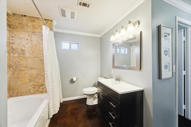 bathroom featuring visible vents, a textured ceiling, crown molding, and toilet