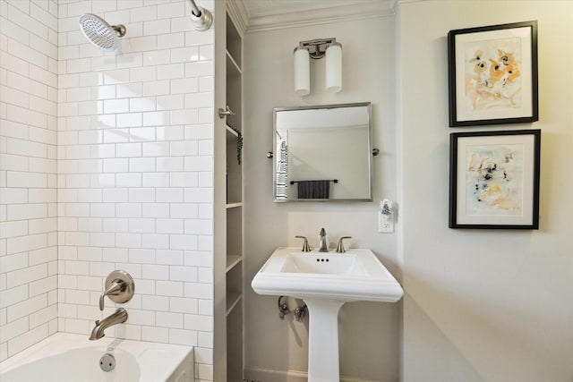 bathroom featuring crown molding and  shower combination