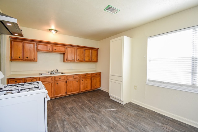 kitchen featuring visible vents, a sink, light countertops, dark wood finished floors, and white gas range