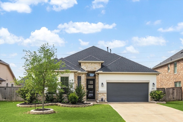 29035 Nectar Island Ln, Katy, TX 77494 - view of front of house with stone siding, stucco siding, an attached garage, concrete driveway, and a shingled roof