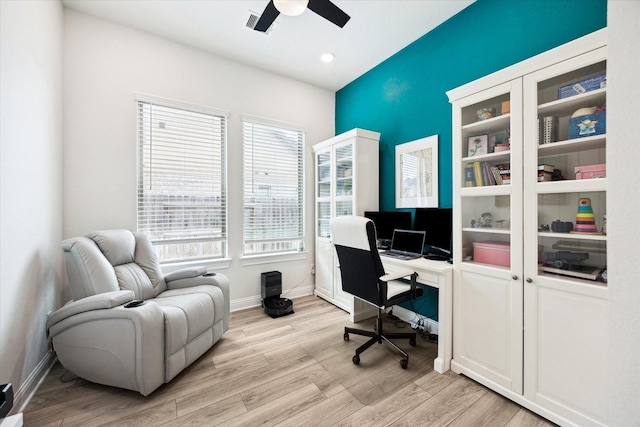 29035 Nectar Island Ln, Katy, TX 77494 - home office featuring ceiling fan, baseboards, light wood-type flooring, and recessed lighting