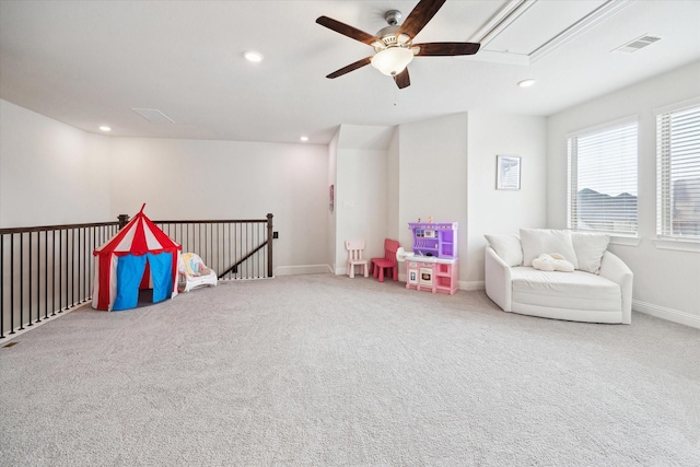 29035 Nectar Island Ln, Katy, TX 77494 - playroom with attic access, ceiling fan, recessed lighting, carpet, and baseboards