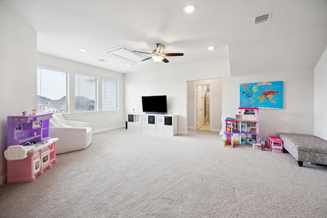 29035 Nectar Island Ln, Katy, TX 77494 - game room with carpet flooring, attic access, a ceiling fan, baseboards, and recessed lighting