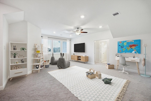 29035 Nectar Island Ln, Katy, TX 77494 - living room featuring carpet, baseboards, recessed lighting, and a ceiling fan