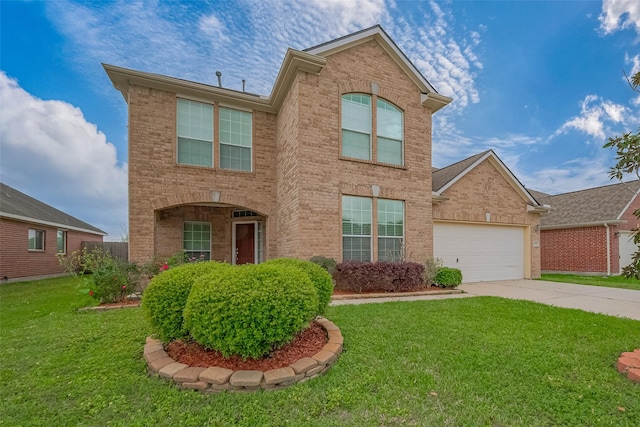 traditional home with concrete driveway, a front yard, brick siding, and an attached garage
