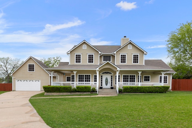 view of front of house featuring driveway, a porch, fence, and a front lawn