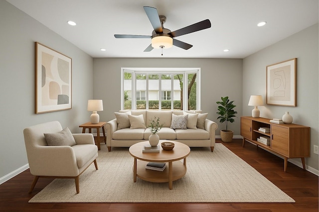 8954 Chatsworth Dr, Houston, TX 77024 - living area with ceiling fan, recessed lighting, baseboards, and wood finished floors