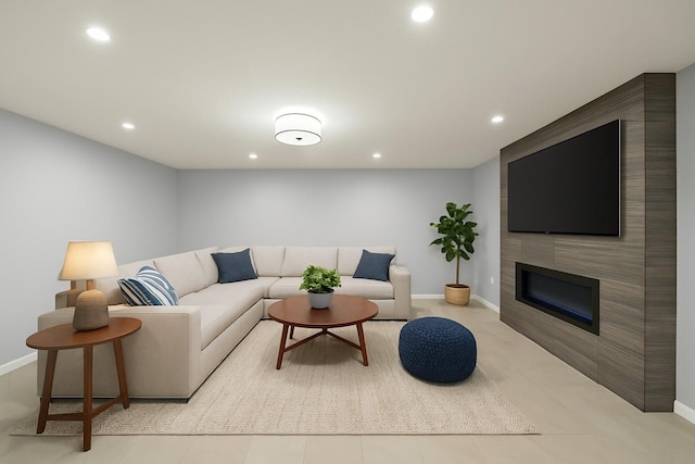 8954 Chatsworth Dr, Houston, TX 77024 - living room with recessed lighting, baseboards, and a large fireplace