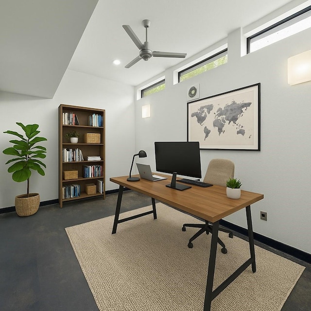 8954 Chatsworth Dr, Houston, TX 77024 - office space featuring a ceiling fan, dark colored carpet, and baseboards