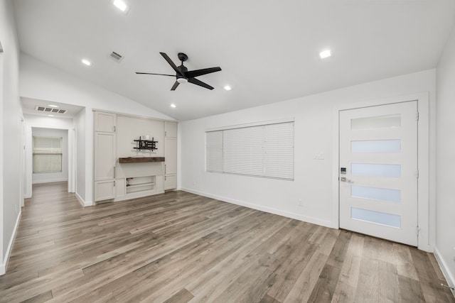 4626 Ella Blvd, Houston, TX 77018 - unfurnished living room featuring ceiling fan, vaulted ceiling, light wood-style flooring, recessed lighting, and baseboards