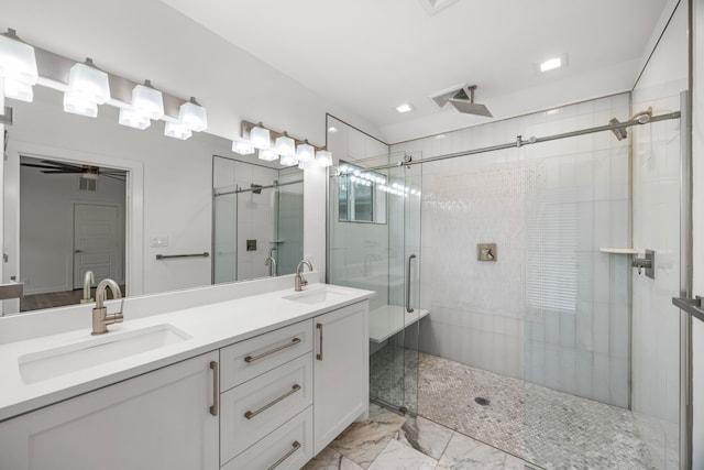 4626 Ella Blvd, Houston, TX 77018 - bathroom with a shower stall, double vanity, and marble finish floors