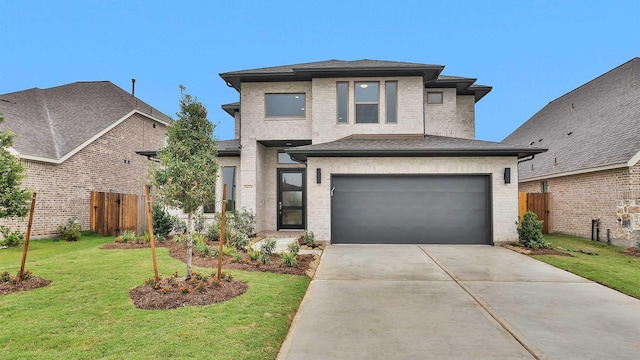 prairie-style home featuring a garage, driveway, brick siding, and a shingled roof