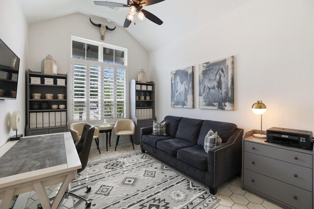 2514 Heritage Park Dr, Missouri City, TX 77459 - living room with light tile patterned floors, a ceiling fan, and lofted ceiling