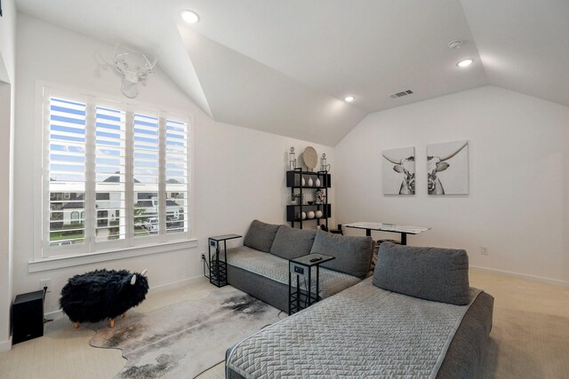 2514 Heritage Park Dr, Missouri City, TX 77459 - interior space with recessed lighting, visible vents, vaulted ceiling, carpet, and baseboards