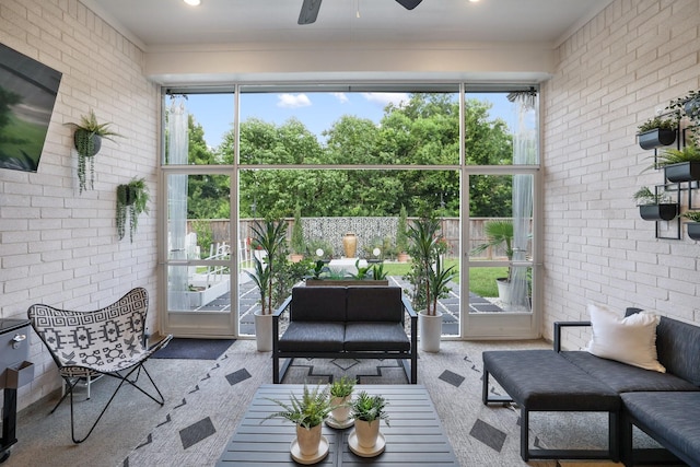 2514 Heritage Park Dr, Missouri City, TX 77459 - sunroom / solarium with an outdoor living space, ceiling fan, and brick wall