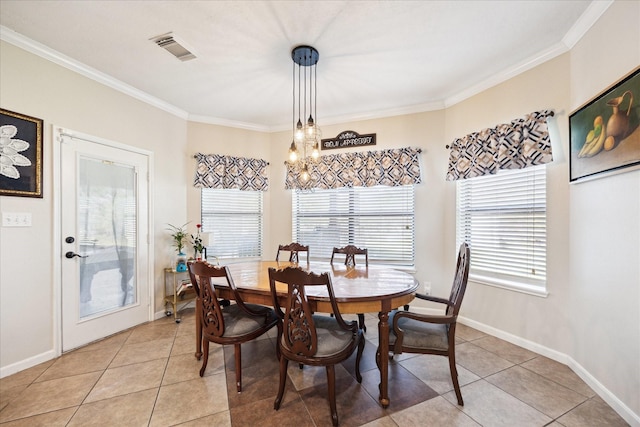 3650 Ward Bend Rd, Sealy, TX 77474 - dining area featuring a wealth of natural light, light tile patterned floors, visible vents, and crown molding