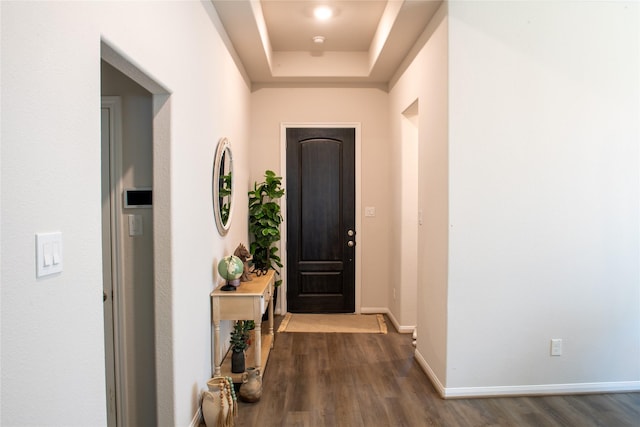 835 Sarasota Shore Dr, Katy, TX 77493 - entryway with dark wood-style flooring and a raised ceiling