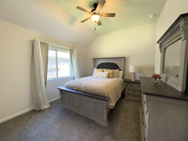 835 Sarasota Shore Dr, Katy, TX 77493 - bedroom featuring dark carpet, lofted ceiling, and a ceiling fan