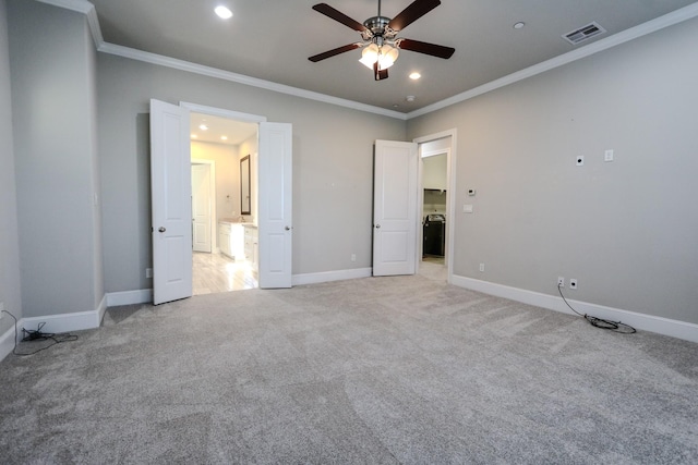 unfurnished bedroom with baseboards, ornamental molding, light carpet, recessed lighting, and visible vents