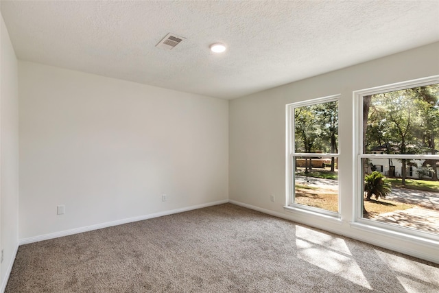 spare room featuring baseboards, visible vents, carpet floors, and a textured ceiling
