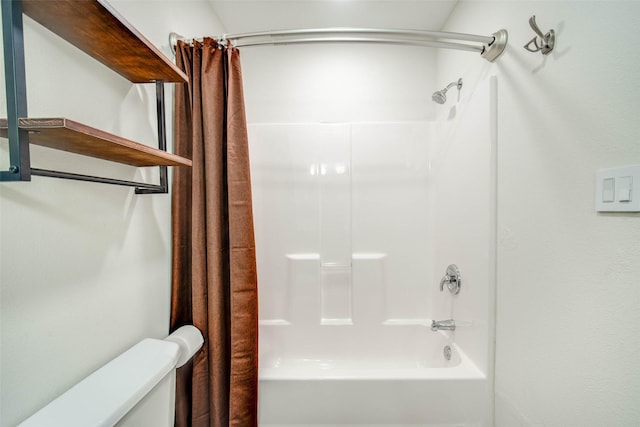bathroom with toilet and shower / bathtub combination with curtain