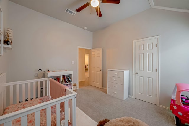 25910 Palmdale Estate Dr, Richmond, TX 77406 - bedroom featuring ceiling fan, carpet, a nursery area, vaulted ceiling, and visible vents