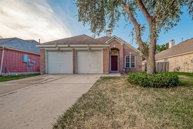 25910 Palmdale Estate Dr, Richmond, TX 77406 - ranch-style home with a front lawn, brick siding, an attached garage, a chimney, and driveway